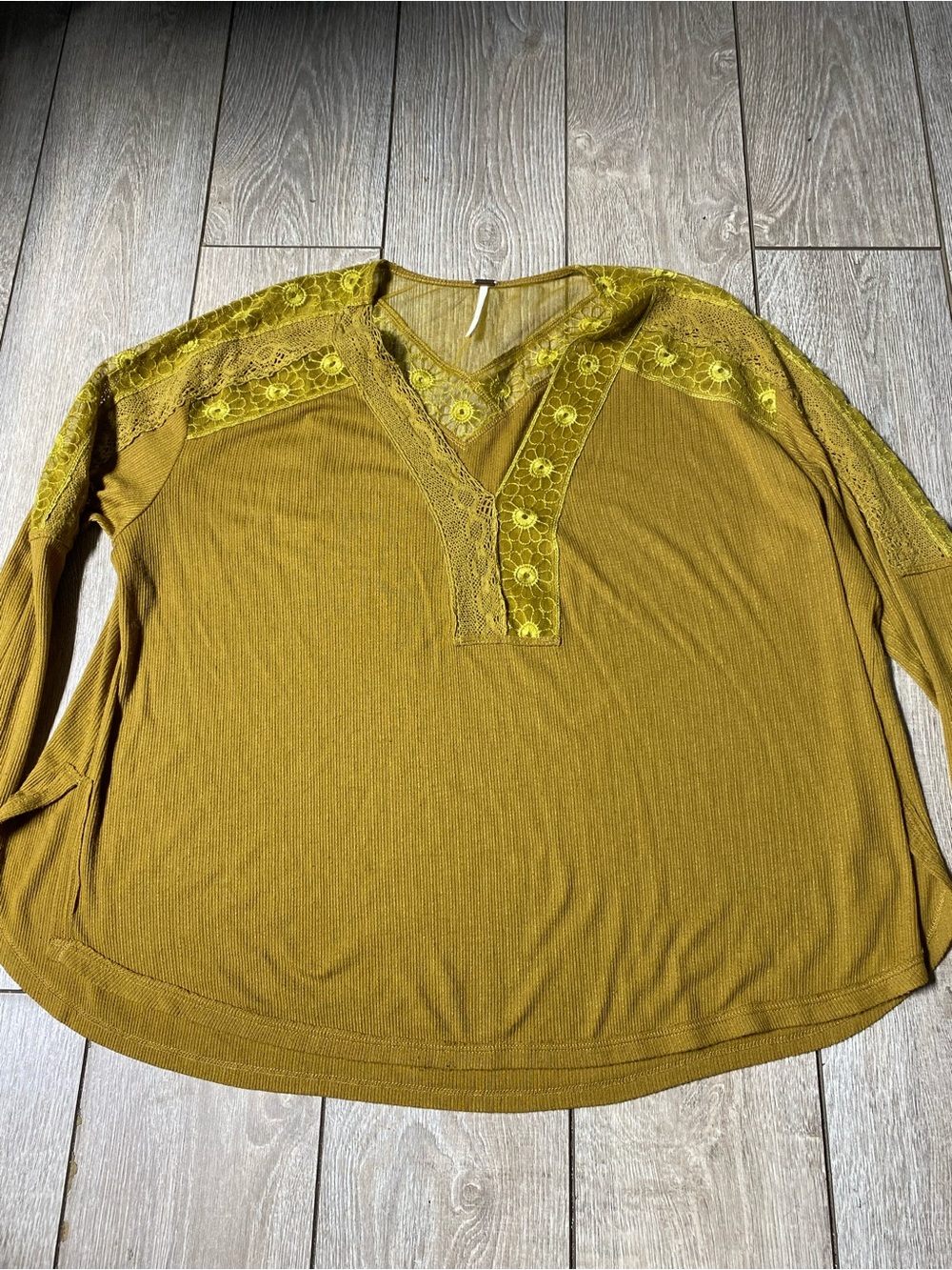 Free People Lola Long Sleeve Lace Top Size Small Mustard Womens Ribbed Shirt